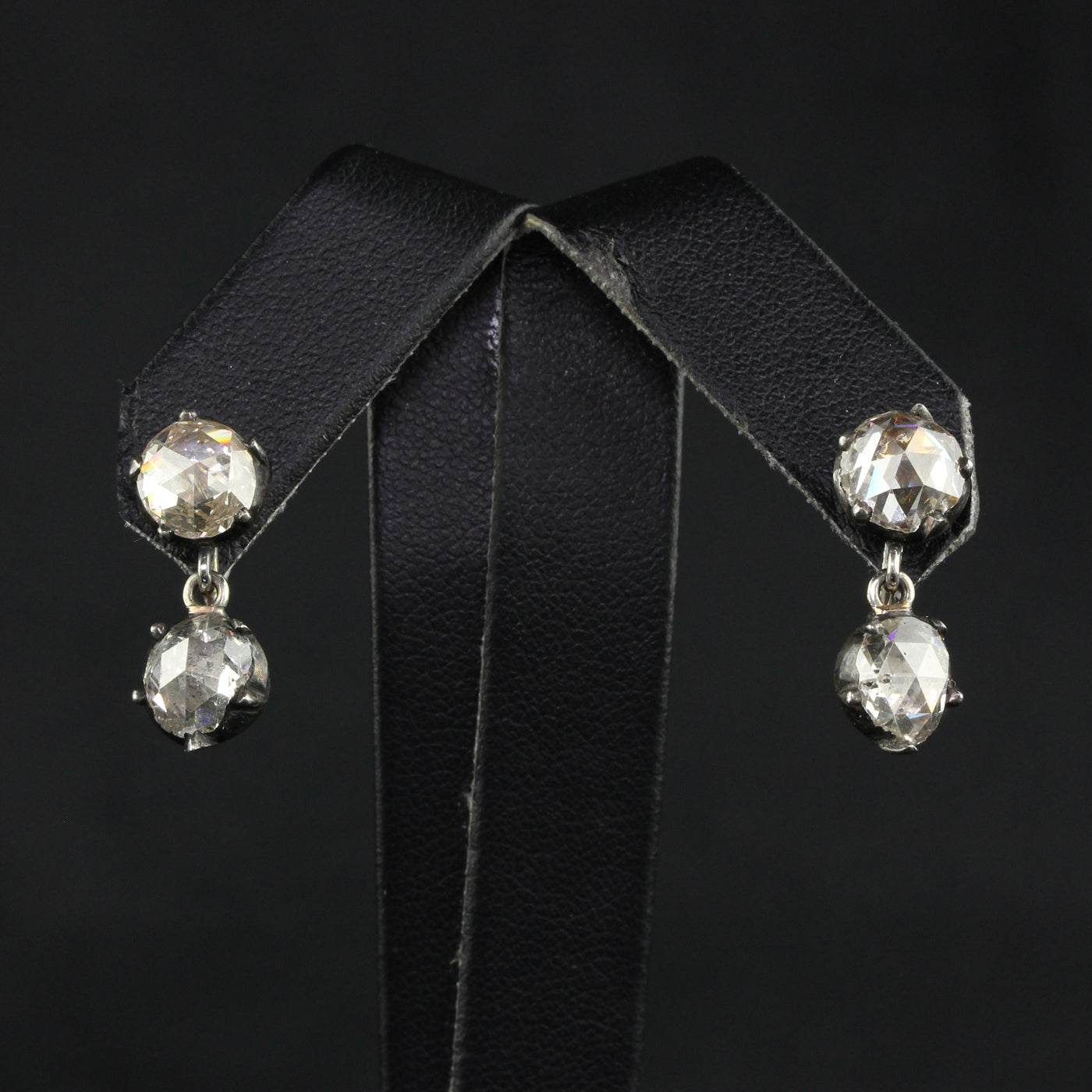 Antique Georgian 14K White Gold Silver Rose Cut Diamond Drop Dangling Earrings