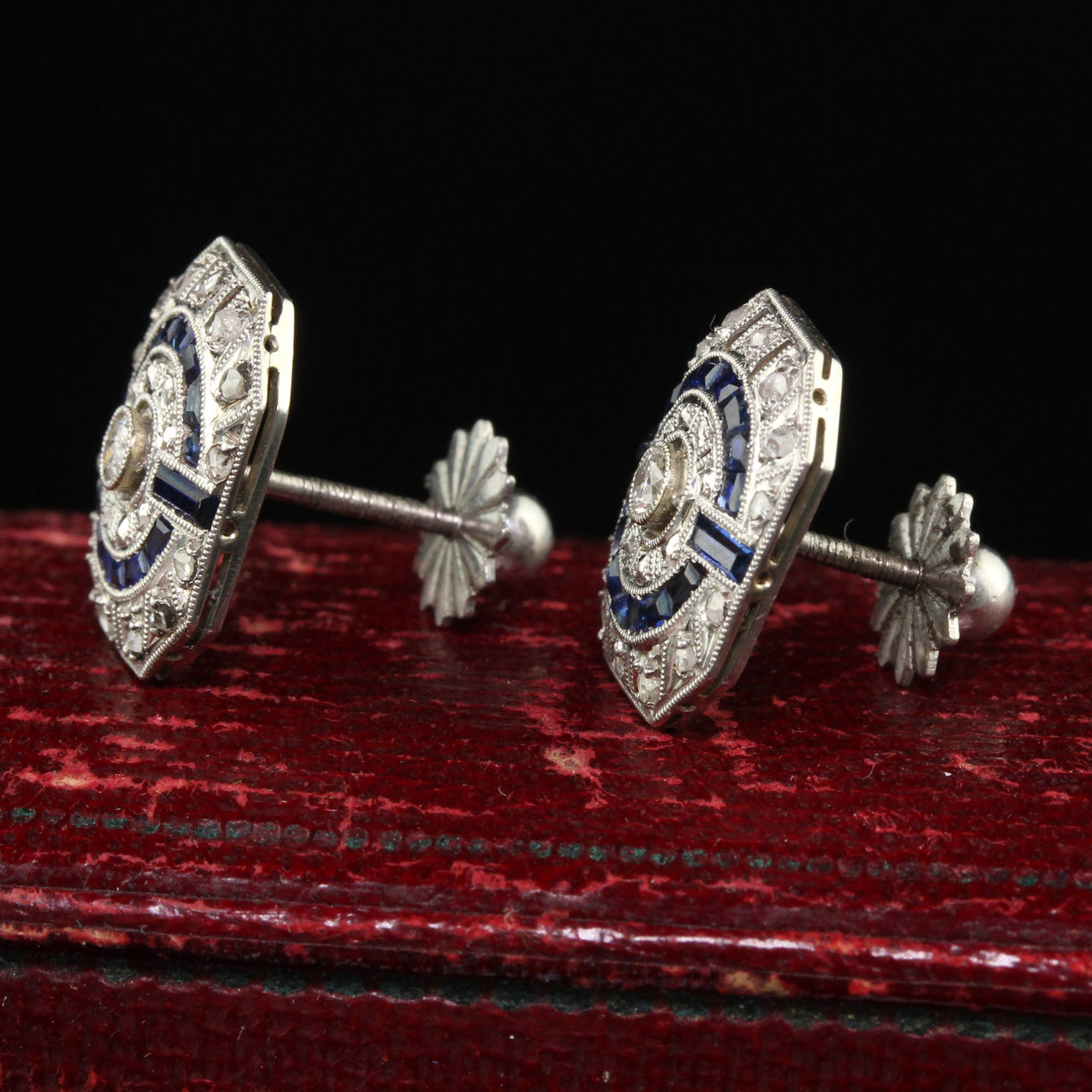 Antique Art Deco 18K White Gold Rose Cut Diamond and Sapphire Panel Earrings