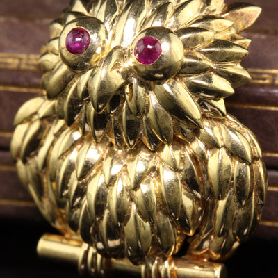 Vintage Tiffany and Co 18K Yellow Gold Ruby Owl Brooch Pin