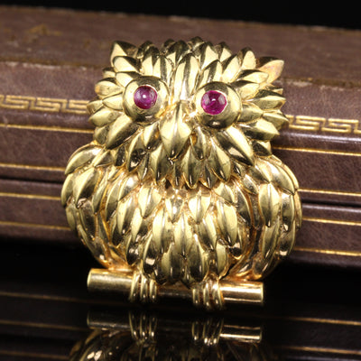 Vintage Tiffany and Co 18K Yellow Gold Ruby Owl Brooch Pin