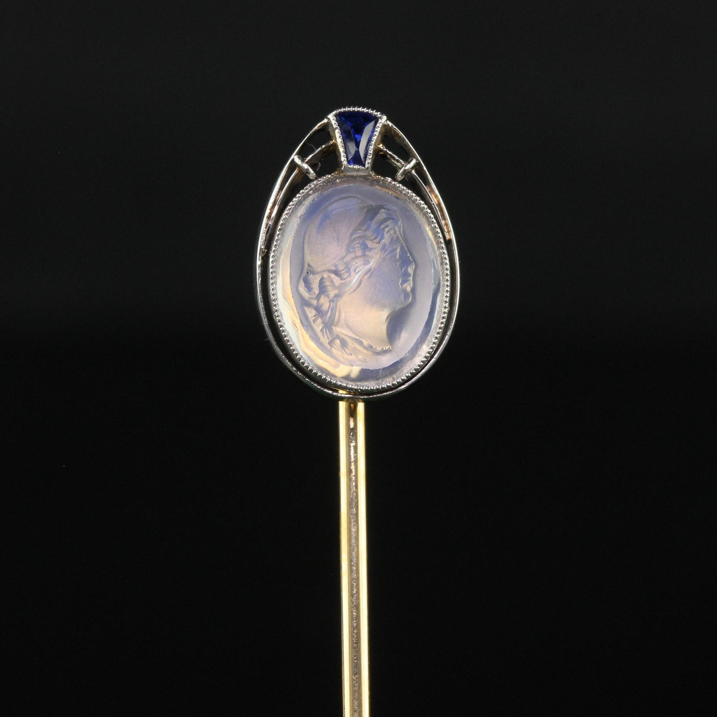 Antique Art Deco 14K Yellow Gold Platinum Carved Moonstone Lady Stick Pin