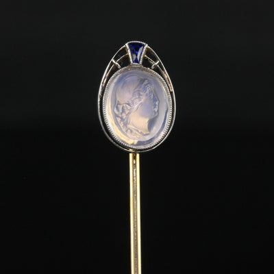 Antique Art Deco 14K Yellow Gold Platinum Carved Moonstone Lady Stick Pin