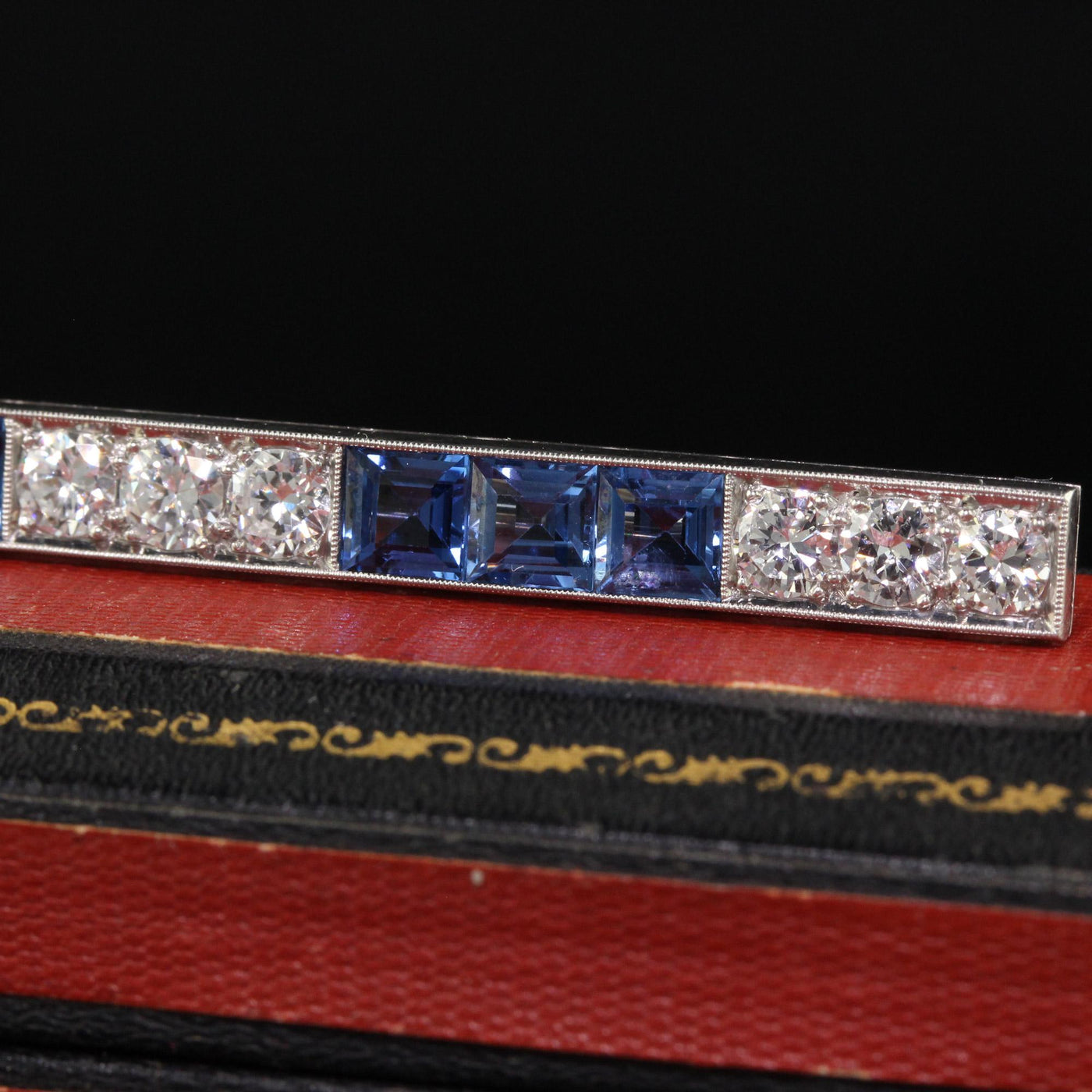 Antique Art Deco Platinum Yogo Gulch Sapphire Old Euro Diamond Bar Pin - GIA