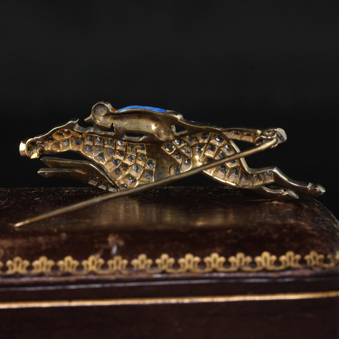 Antique Victorian 14K Gold and Silver Rose Cut Diamond Horse Jockey Enamel Pin
