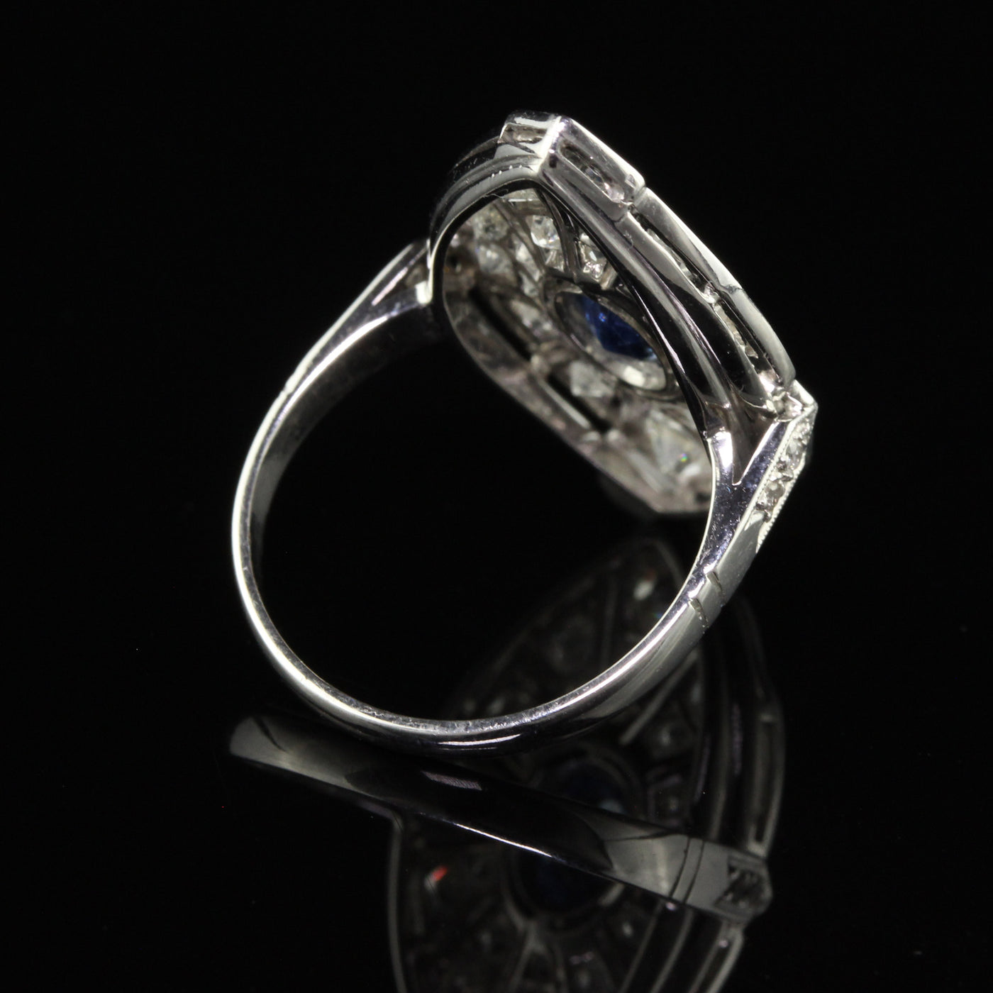 Vintage Art Deco Style Platinum Old Mine Diamond and Sapphire Cocktail Ring
