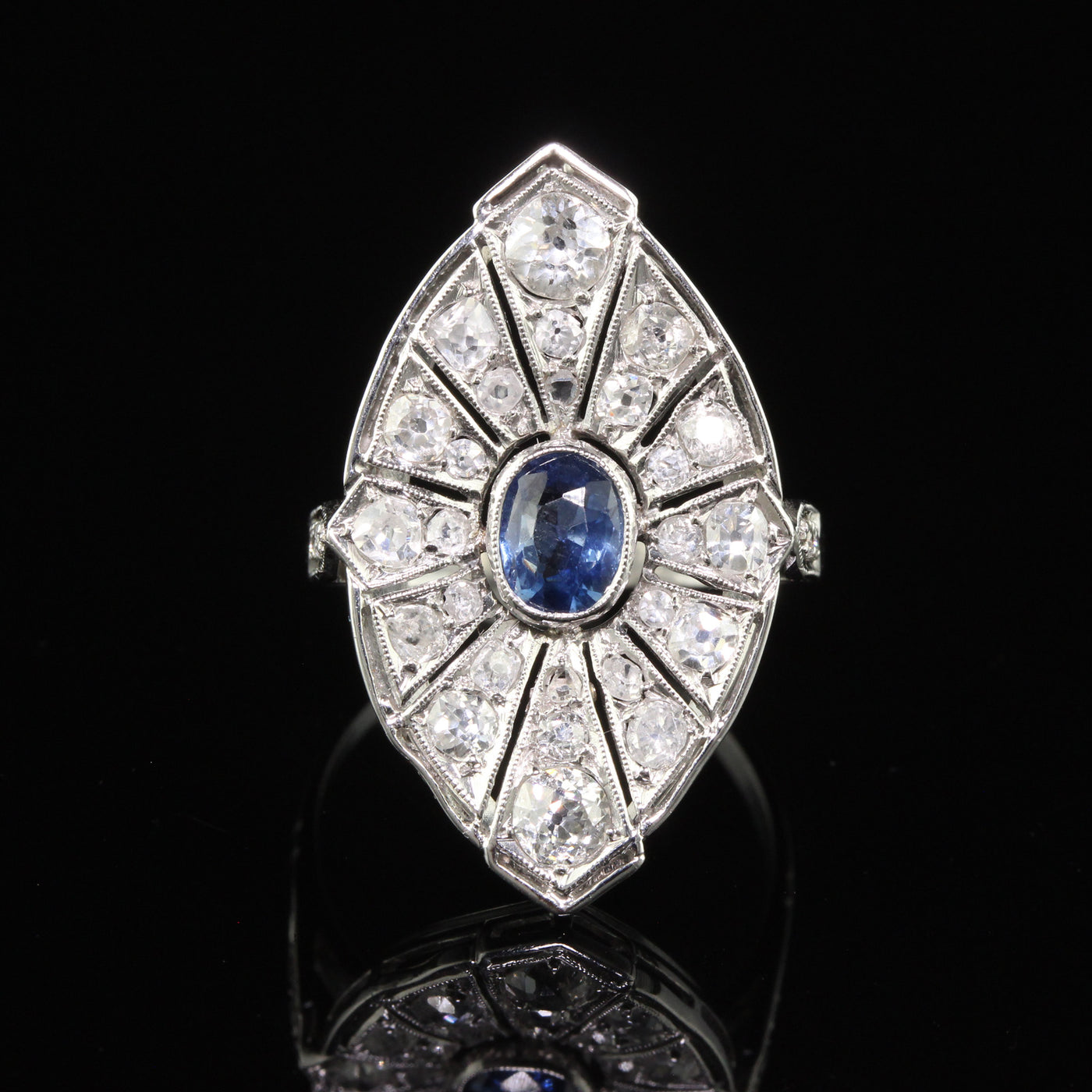 Vintage Art Deco Style Platinum Old Mine Diamond and Sapphire Cocktail Ring