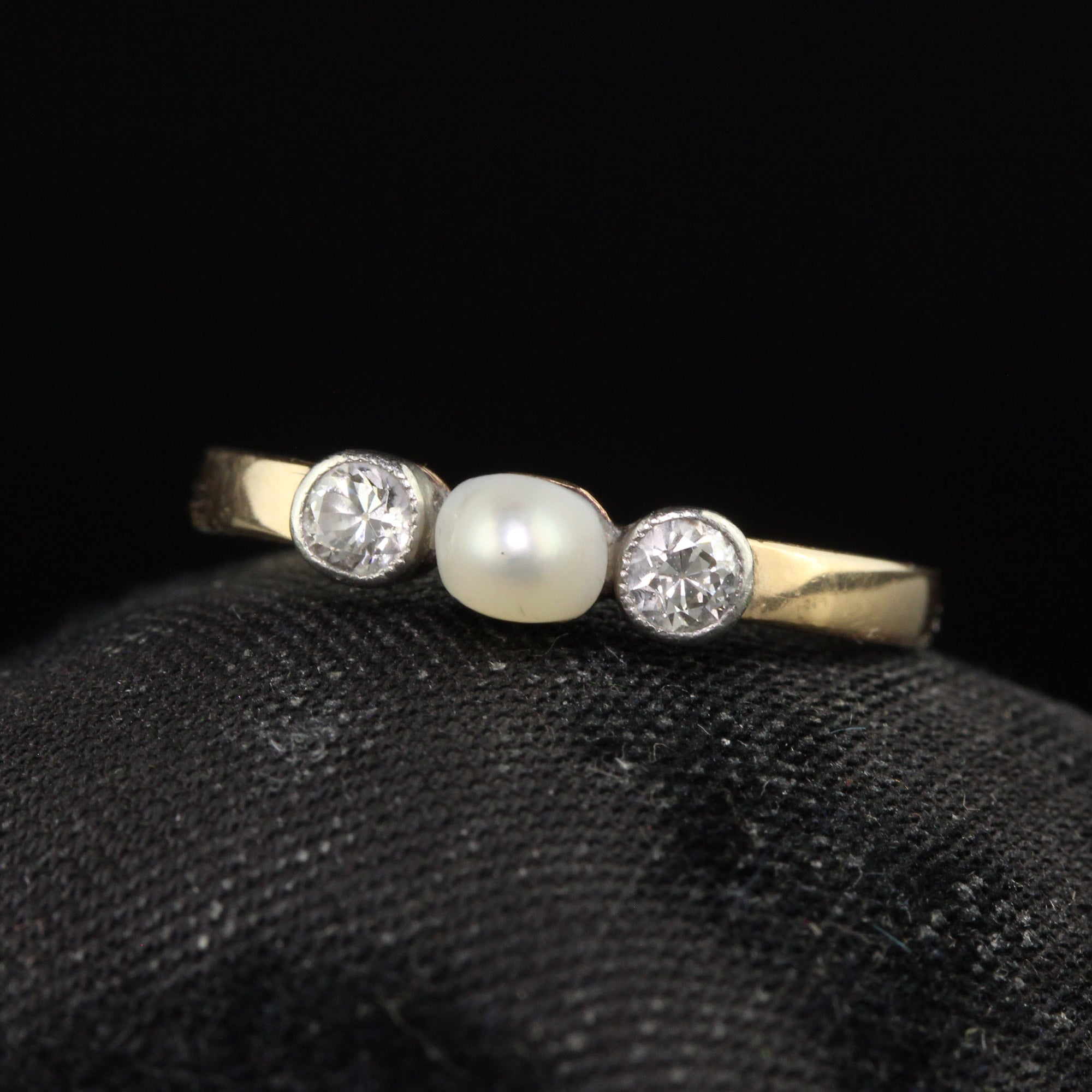 Antique Art Deco 14K Yellow Gold Old Euro Diamond and Pearl Three Ston ...