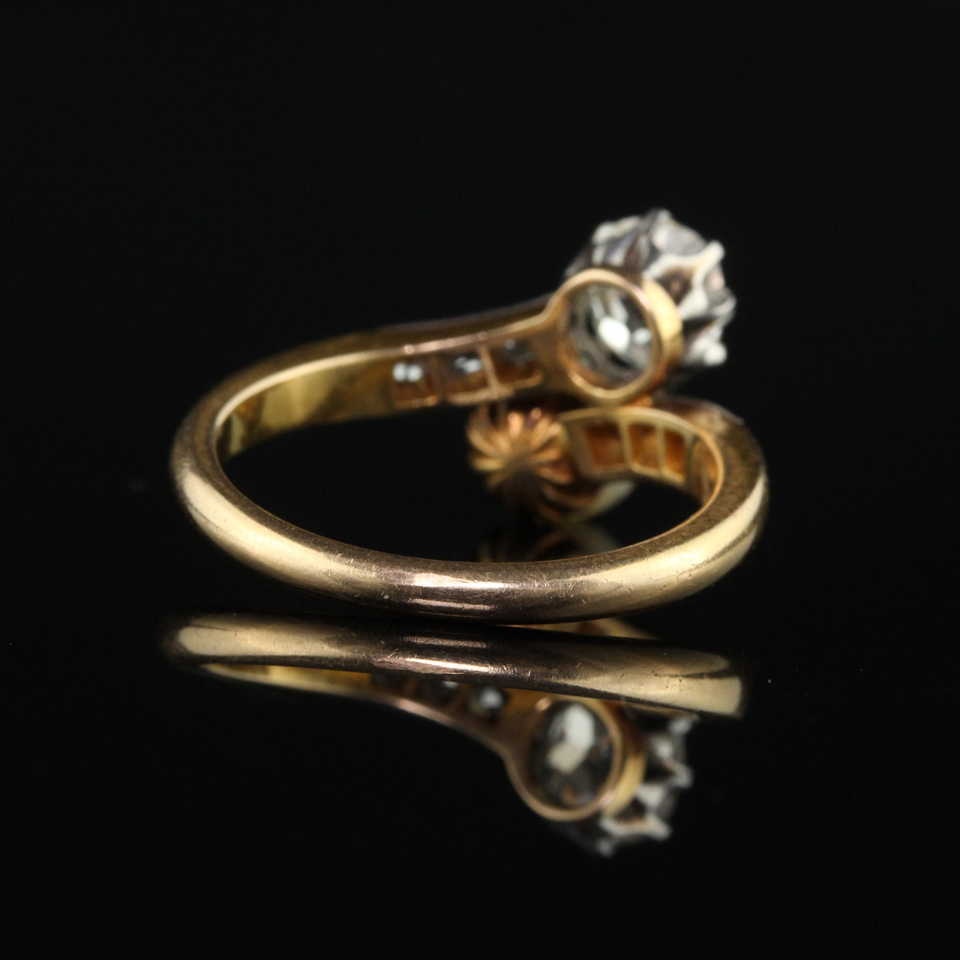 Antique Edwardian 18K Yellow Gold Old Mine Cut Diamond and Pearl Toi et Moi Engagement Ring