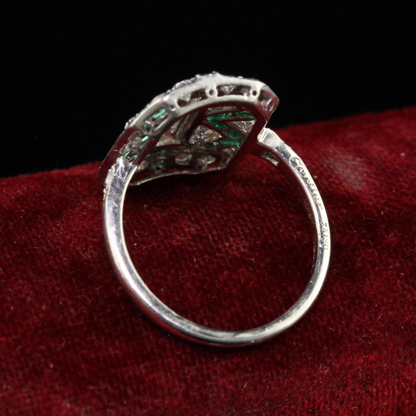 Antique Art Deco Cartier Old Baguette Diamond and Emerald Cocktail Ring