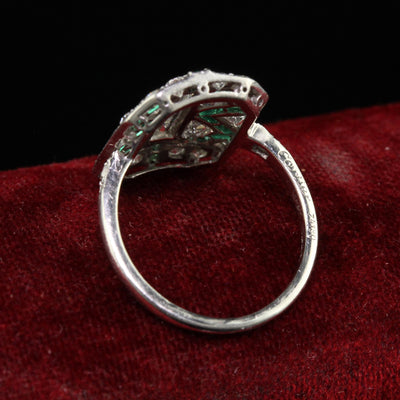 Antique Art Deco Cartier Old Baguette Diamond and Emerald Cocktail Ring