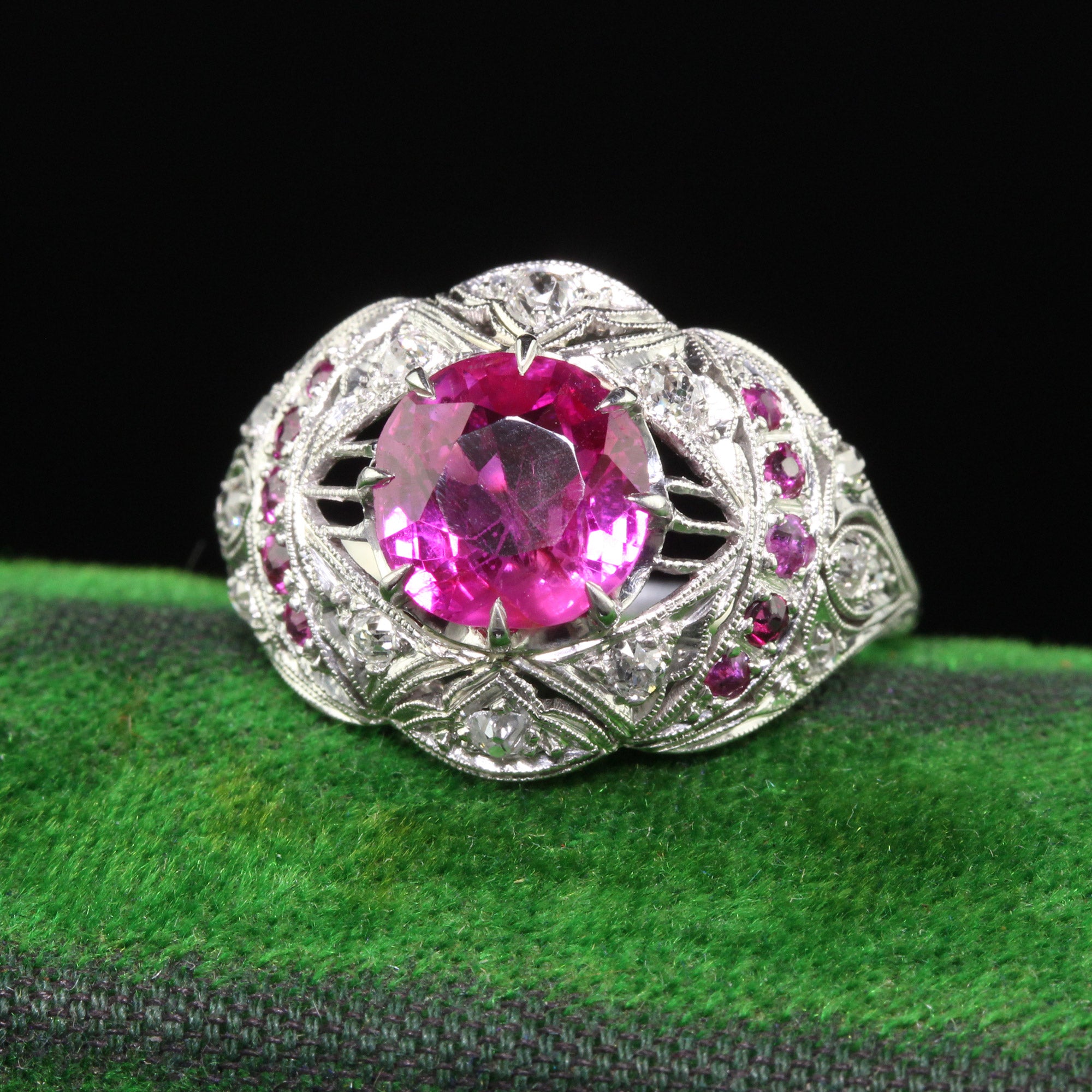 Antique Art Deco Platinum Burma Pink Sapphire and Diamond Filigree