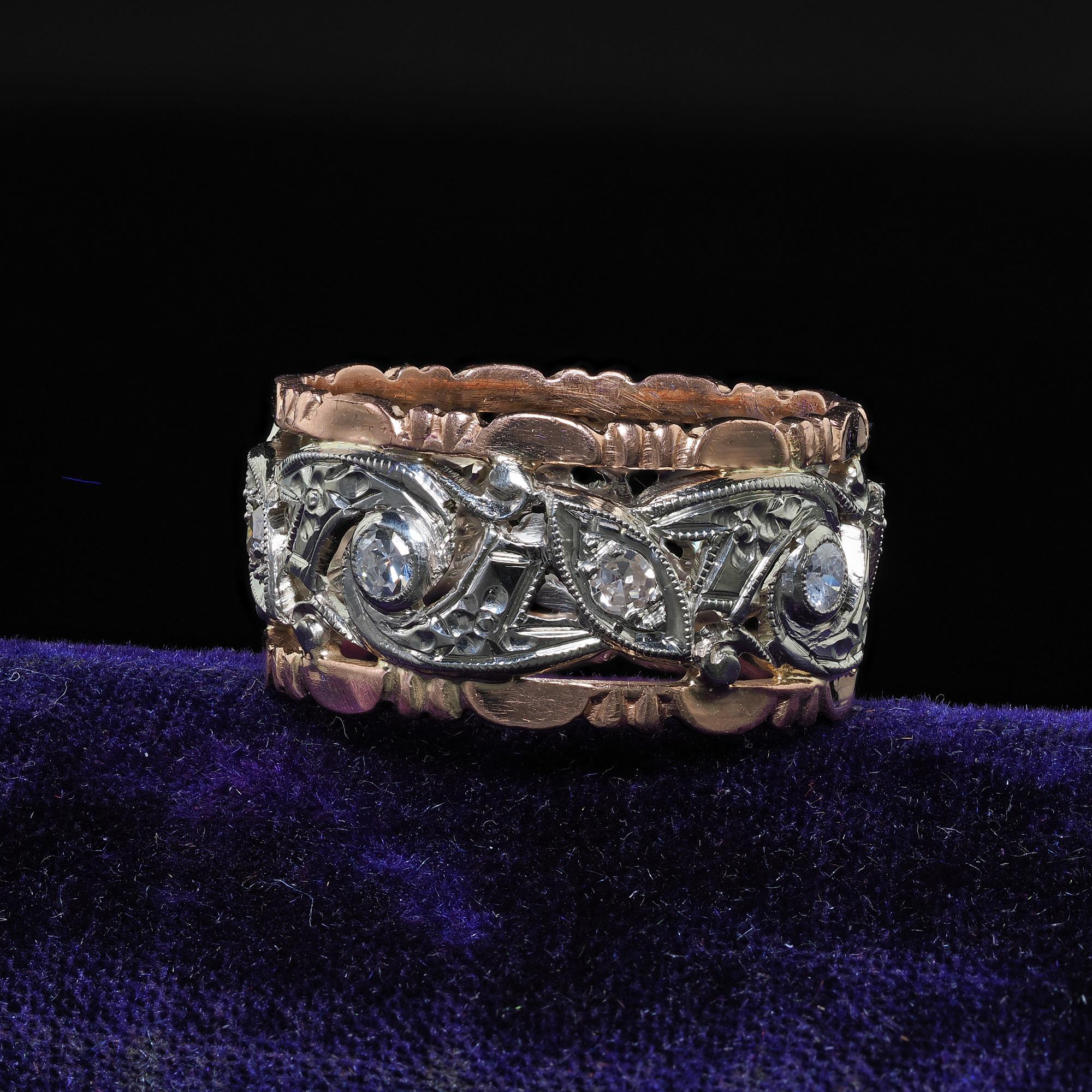 Antique Art Deco 14K Rose and White Gold Single Cut Diamond Wide