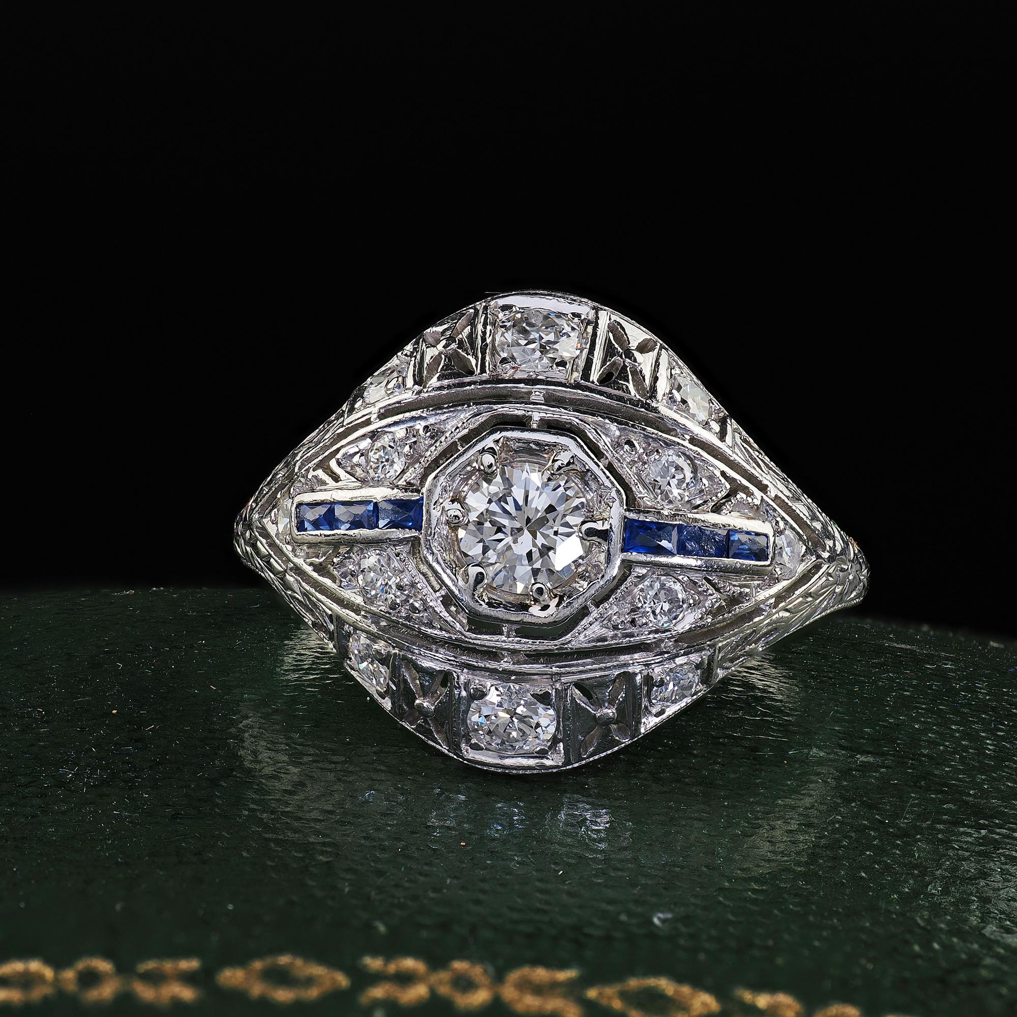Antique Art Deco Platinum Old Cut Diamond and Sapphire Engagement Ring ...