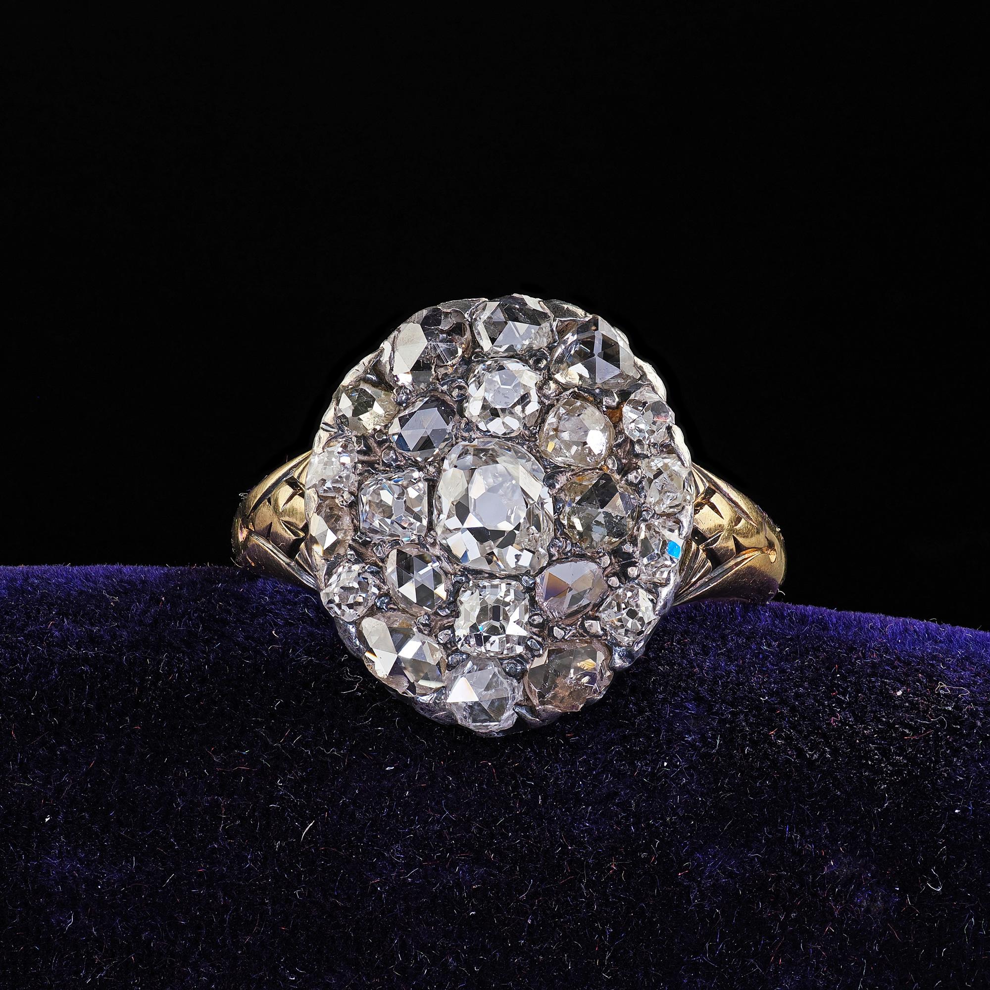 Antique Georgian 18K Yellow Gold Silver Top Rose Cut Diamond Cluster R ...