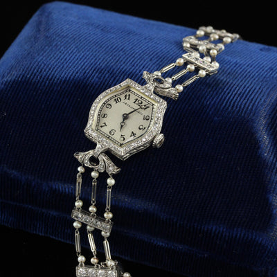 Antique Art Deco J. E. Caldwell Old Euro Diamond and Pearl Evening Watch