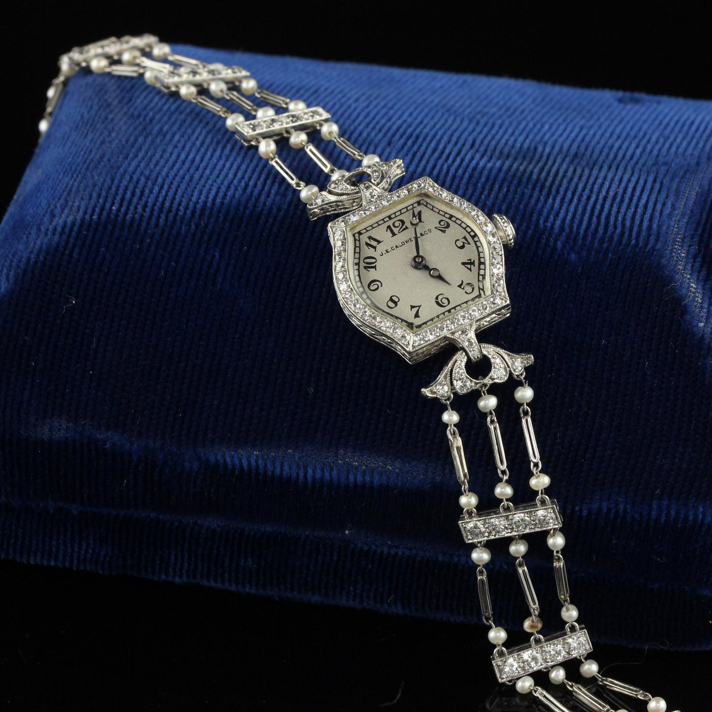 Antique Art Deco J. E. Caldwell Old Euro Diamond and Pearl Evening Watch