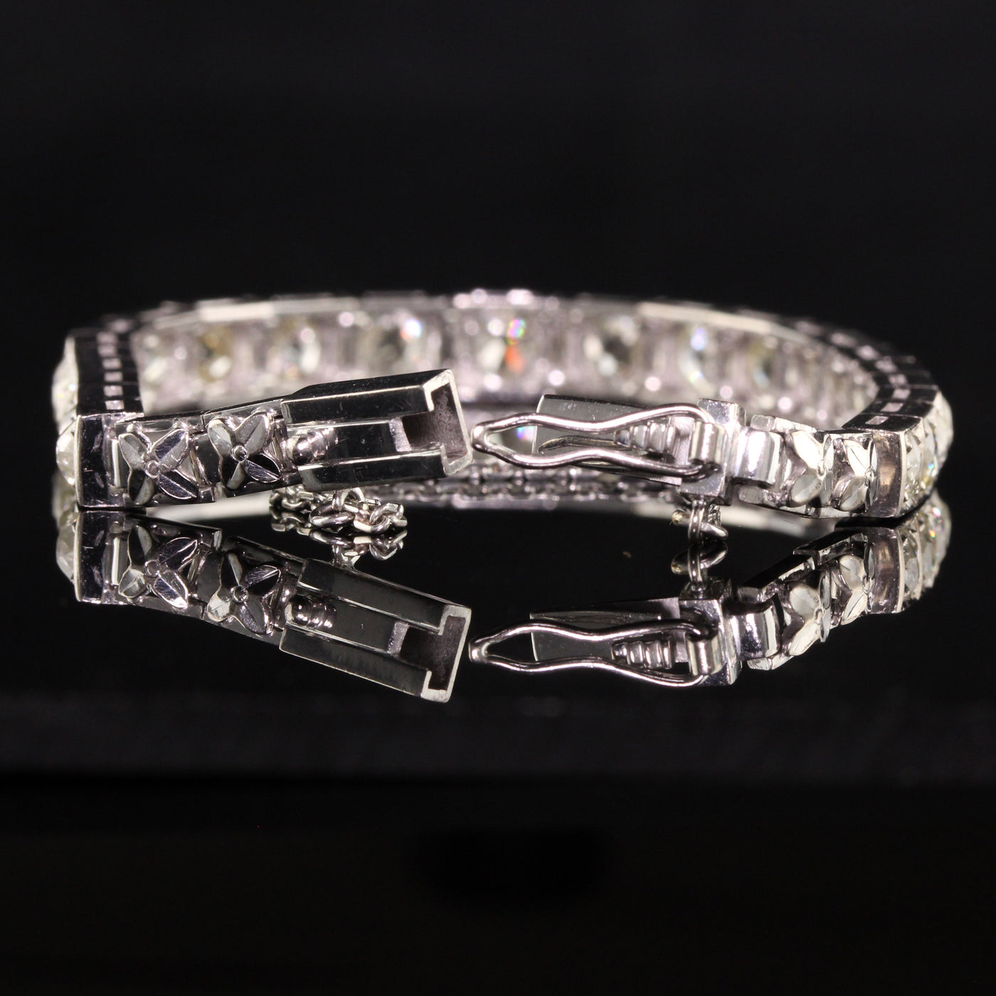 Antique Art Deco 14K White Gold Old Mine Cut Diamond Line Bracelet