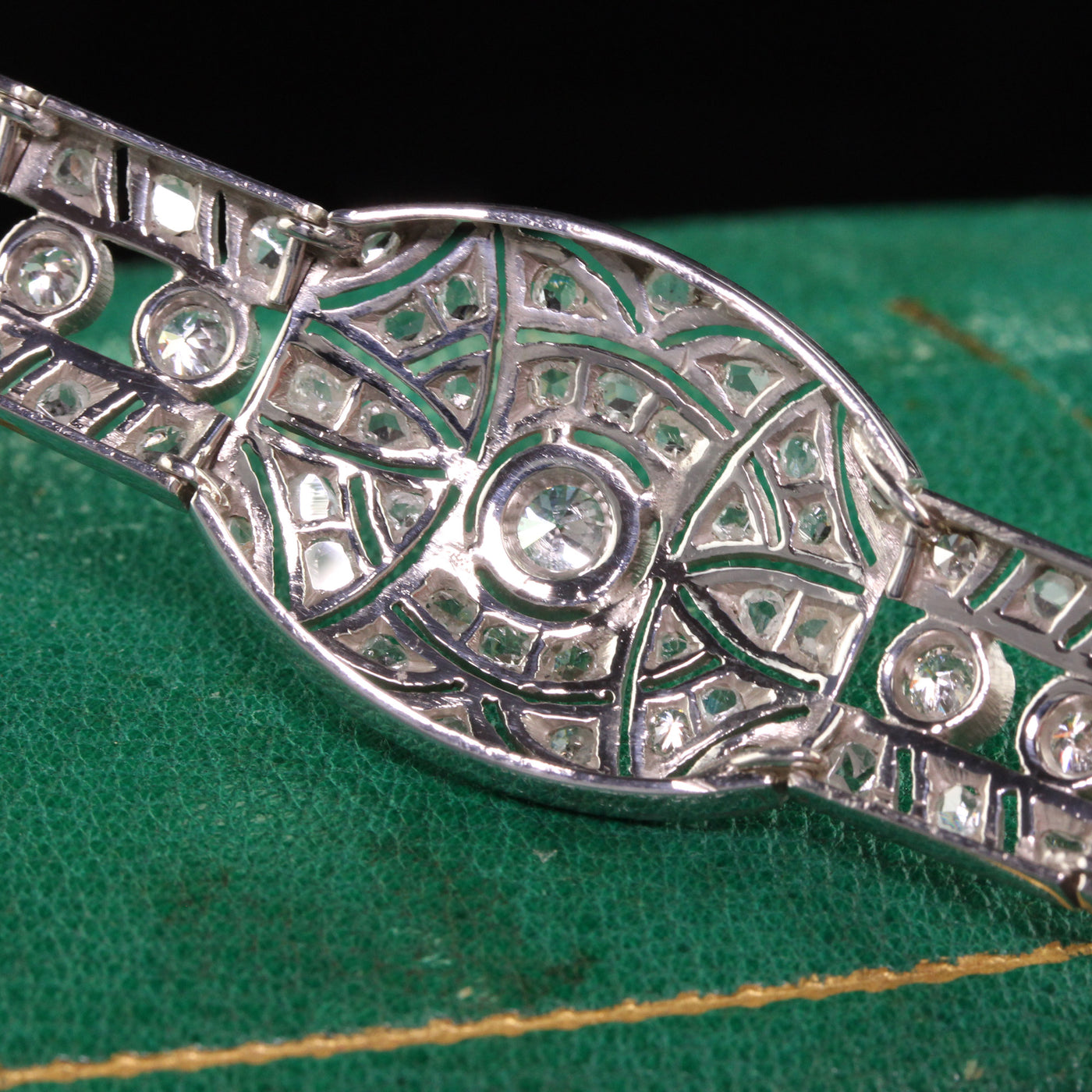 Antique Art Deco 14K White Gold Old Euro Rose Cut Diamond Filigree Bracelet
