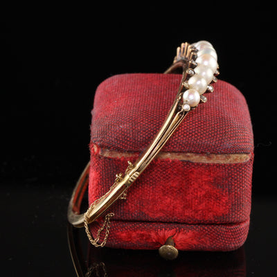 Antique Victorian 18K Yellow Gold Natural Pearl Rose Cut Diamond Bangle