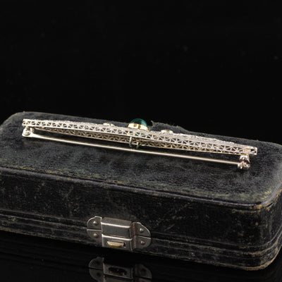 Antique Art Deco 14K White Gold Old Euro Diamond Emerald Filigree Pin