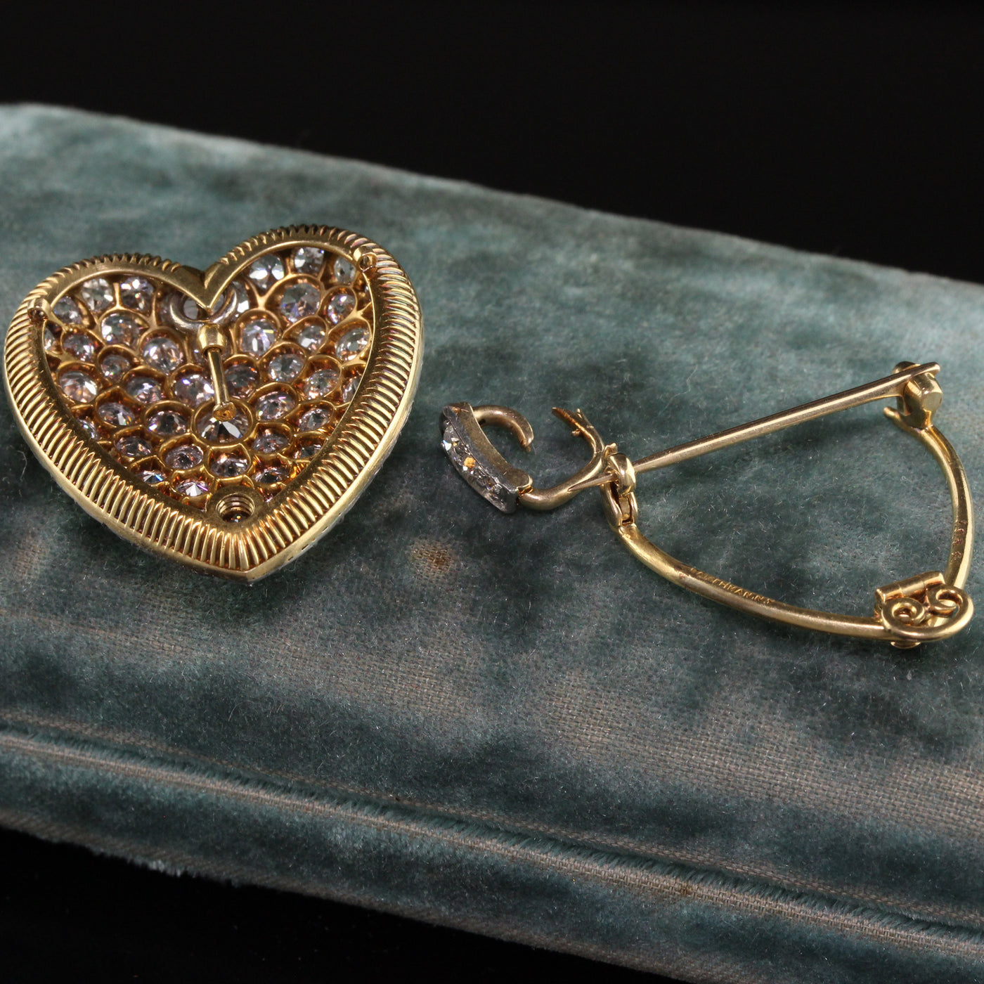 Antique Edwardian Barthman Co 18K Gold Old Euro Diamond Pave Heart Pin Pendant