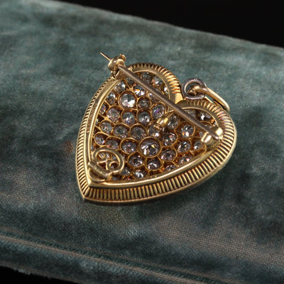 Antique Edwardian Barthman Co 18K Gold Old Euro Diamond Pave Heart Pin Pendant