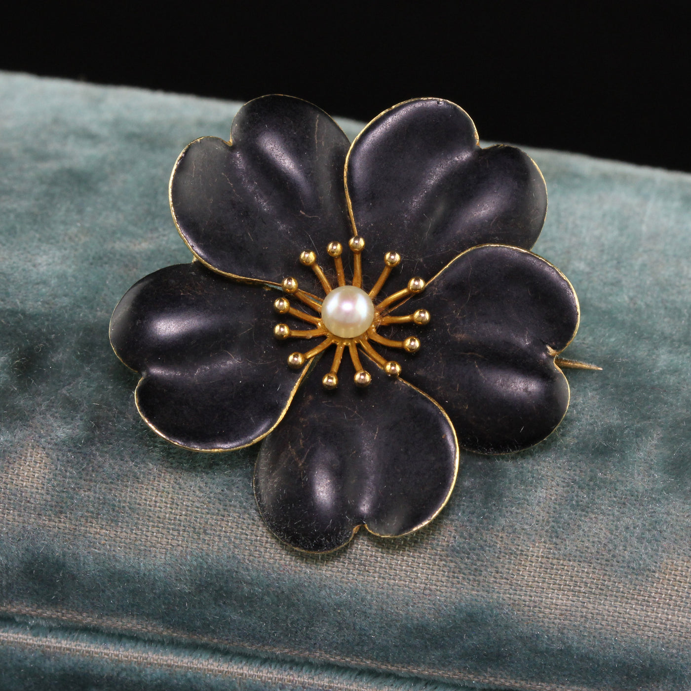 Antique Victorian 14K Yellow Gold Pearl Black Enamel Flower Pin