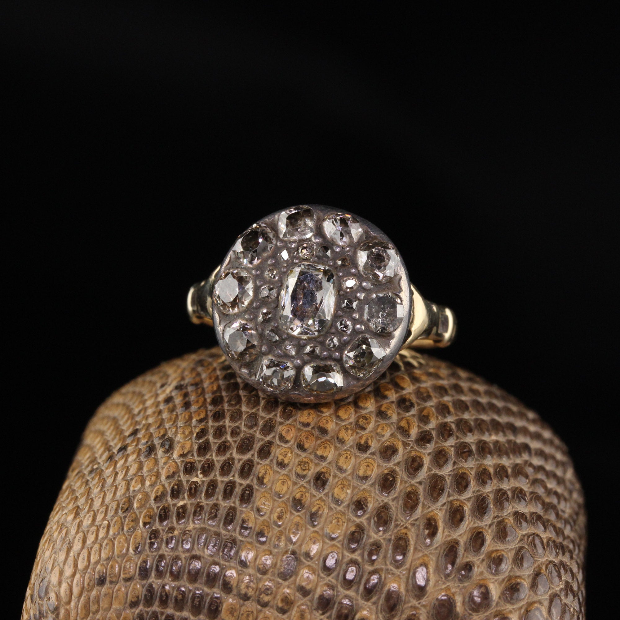 Antique Georgian 18K Yellow Gold and Silver Top Rose Cut Diamond Engag ...
