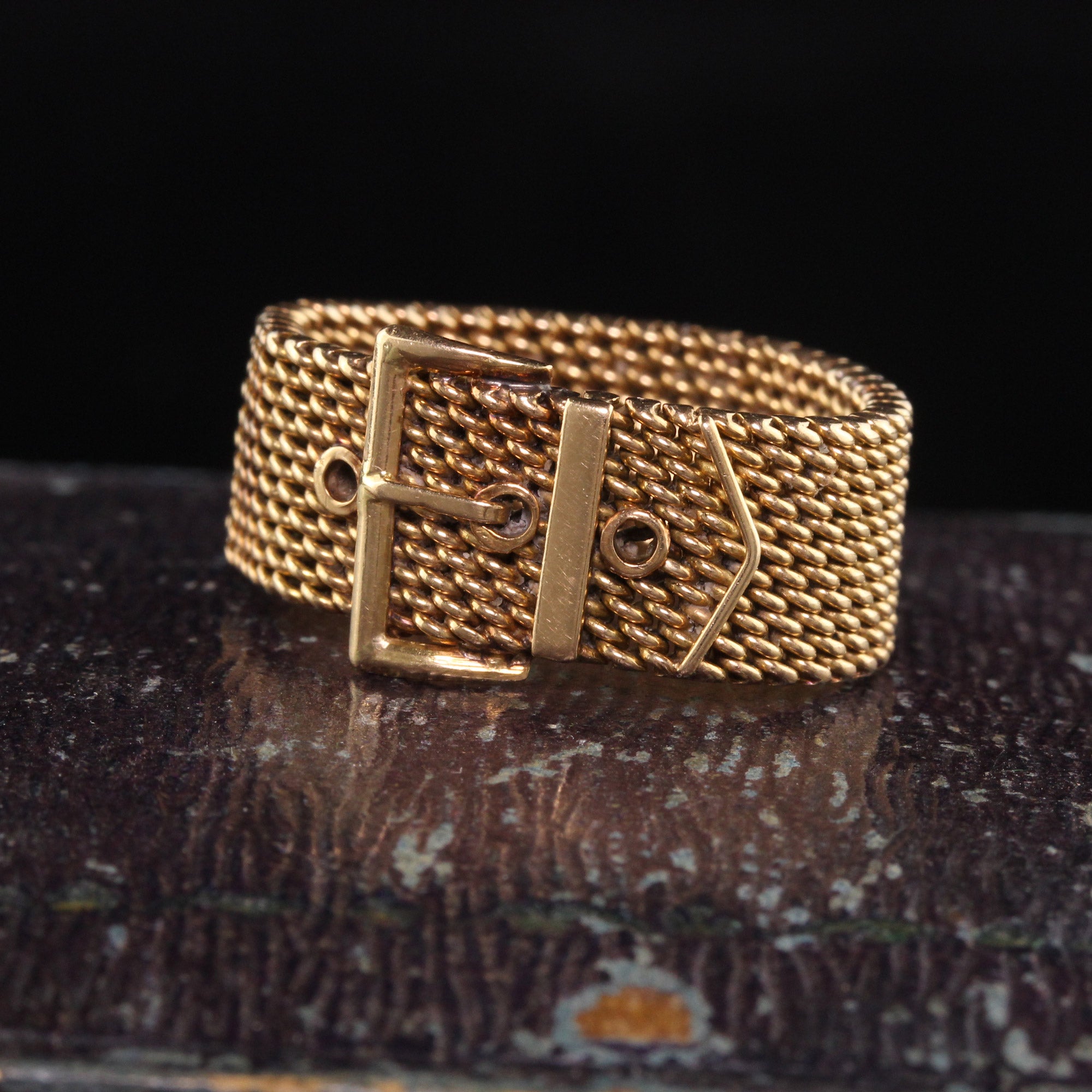 Vintage Retro 18K Yellow Gold Mesh Flexible Buckle Ring – The