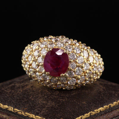 Vintage Estate 18K Yellow Gold Burma Ruby and Diamond Bombe Ring - GIA