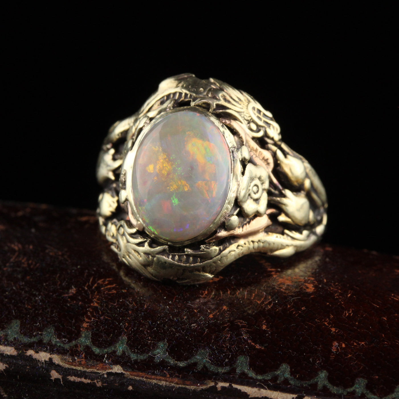 Antique Art Nouveau 14K Yellow Gold Cabochon Opal Dragon Ring