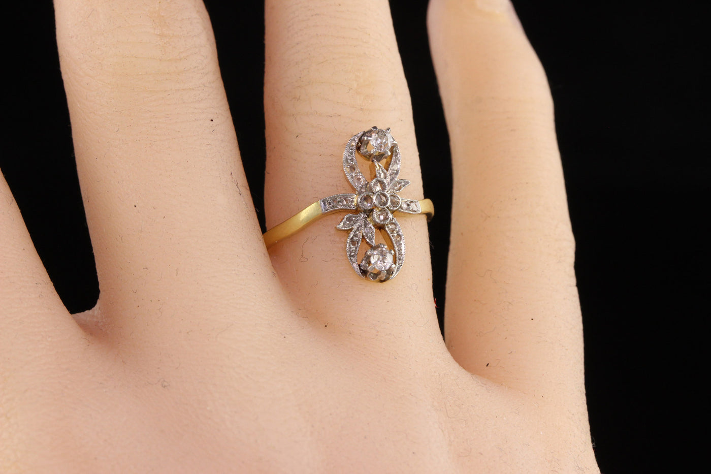 Antique Edwardian 18K Yellow Gold Platinum Top Floral Diamond Ring