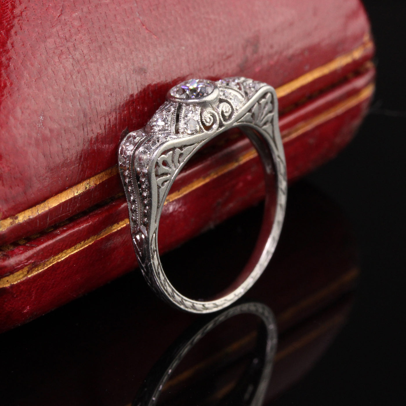 Antique Art Deco Platinum Old European Diamond Filigree Engagement Ring