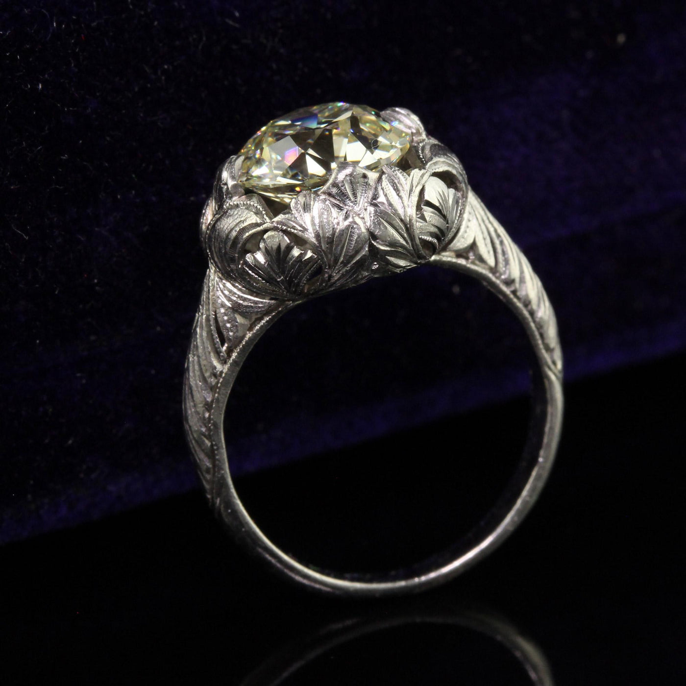 Antique Art Deco Platinum Old European Cut Diamond Floral Engagement Ring - GIA