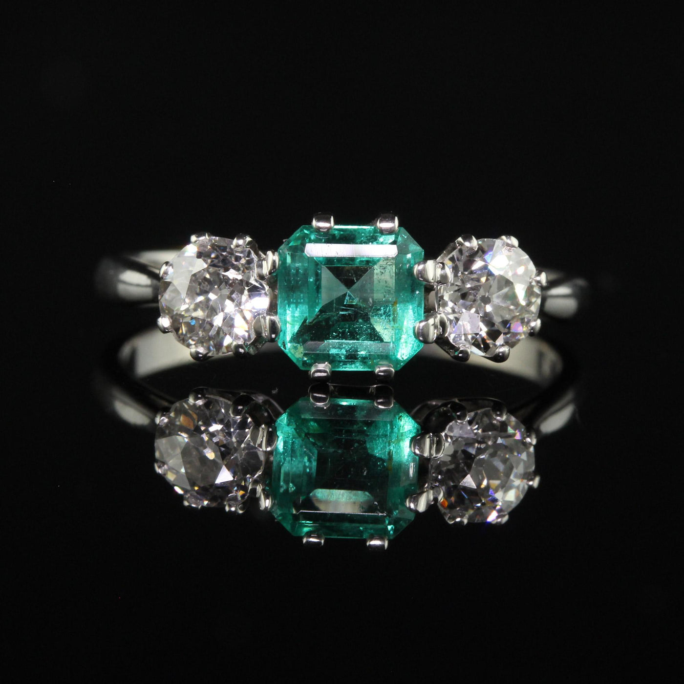 Antique Art Deco Platinum Old Euro Diamond and Emerald Three Stone Ring - GIA