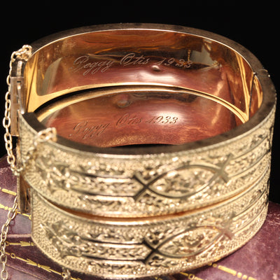 Antique Victorian 14K Yellow Gold Engraved Wide Bangle Bracelet Set