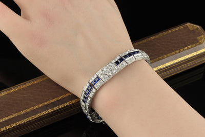 Antique Art Deco Raymond Yard Old Euro Diamond and Sapphire Bracelet - GIA