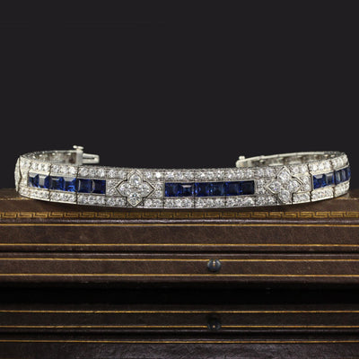 Antique Art Deco Raymond Yard Old Euro Diamond and Sapphire Bracelet - GIA