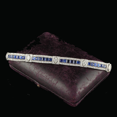 Antique Art Deco Platinum Old Euro Diamond Marquise Sapphire Bracelet - GIA