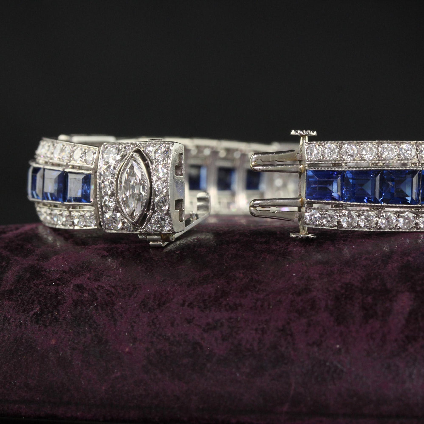 Antique Art Deco Platinum Old Euro Diamond Marquise Sapphire Bracelet - GIA