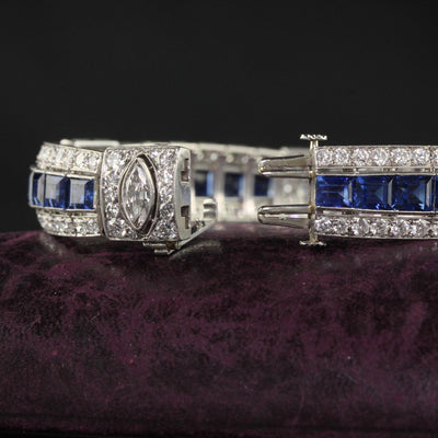 Antique Art Deco Platinum Old Euro Diamond Marquise Sapphire Bracelet - GIA