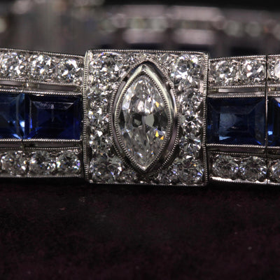 Antique Art Deco Platinum Old Euro Diamond Marquise Sapphire Bracelet - GIA