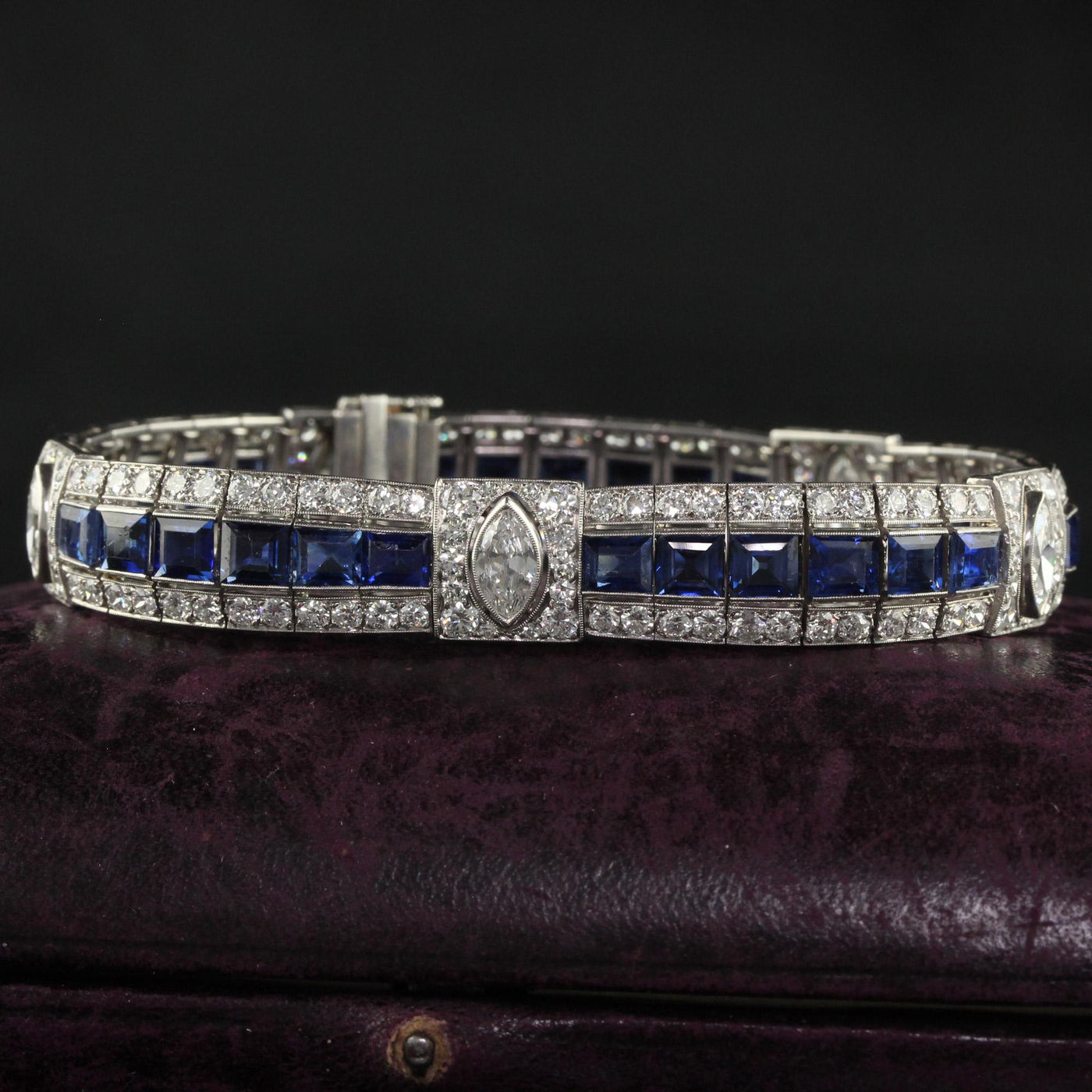 Antique Art Deco Platinum Old Euro Diamond Marquise Sapphire Bracelet - GIA