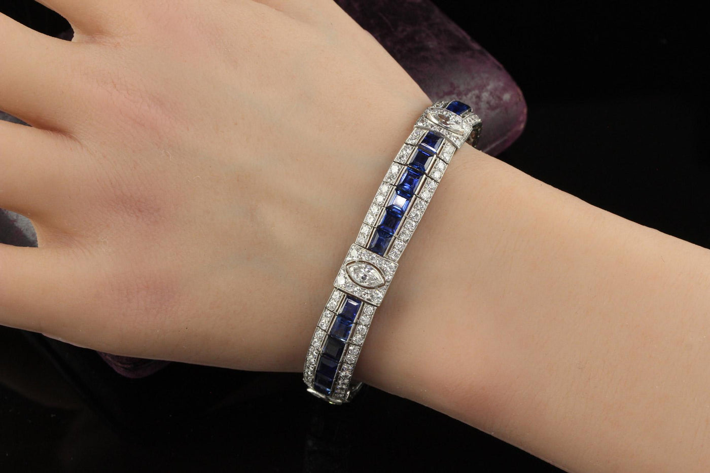 Antique Art Deco Platinum Old Euro Diamond Marquise Sapphire Bracelet - GIA