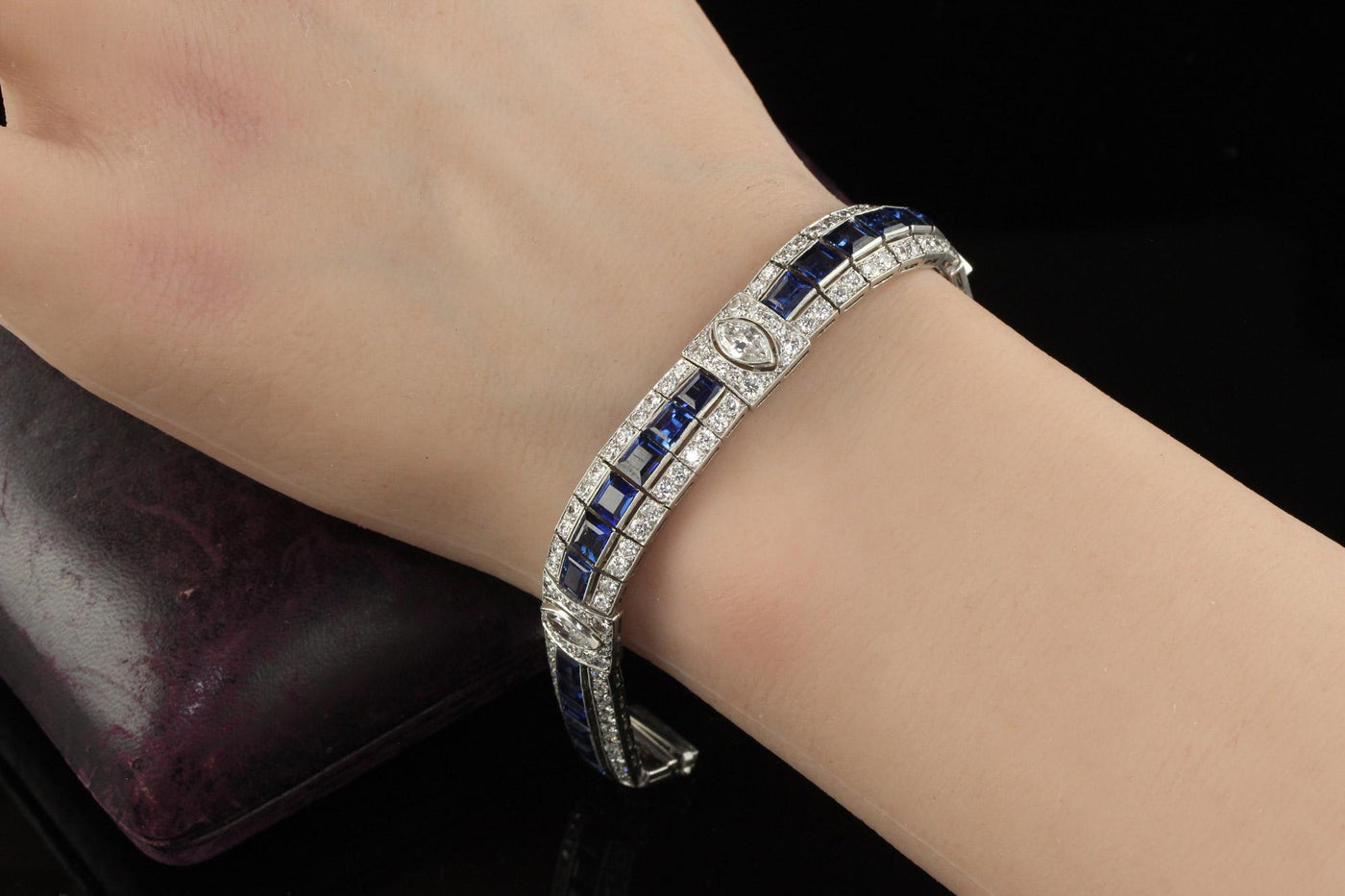 Antique Art Deco Platinum Old Euro Diamond Marquise Sapphire Bracelet - GIA