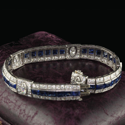 Antique Art Deco Platinum Old Euro Diamond Marquise Sapphire Bracelet - GIA