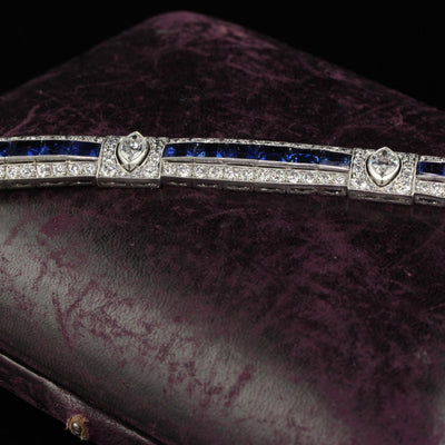 Antique Art Deco Platinum Old Euro Diamond Marquise Sapphire Bracelet - GIA