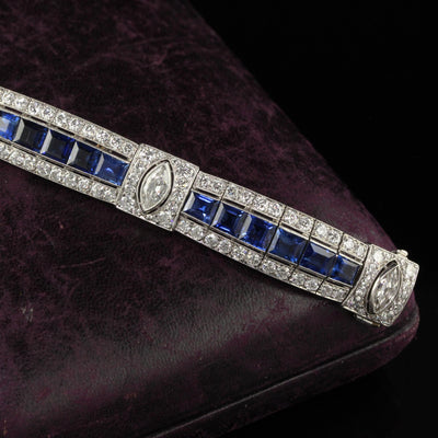 Antique Art Deco Platinum Old Euro Diamond Marquise Sapphire Bracelet - GIA