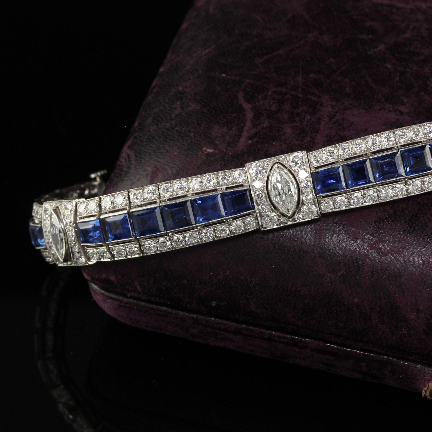 Antique Art Deco Platinum Old Euro Diamond Marquise Sapphire Bracelet - GIA