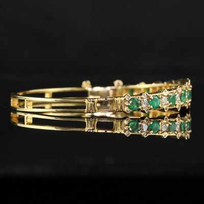 Vintage Retro 14K Yellow Gold Diamond and Emerald Engraved Bangle Bracelet